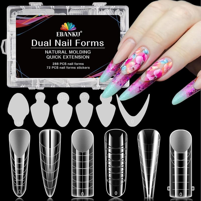 EBANKU 288PCS Poly Extension Gel Dual Nail Forms, Stiletto Coffin Acrylic Nail Forms for French Nails, 76PCS Duet System Dual Forms Sticker Silicone Pads, 6 Styles Scale for Manicure Extension - Image 1
